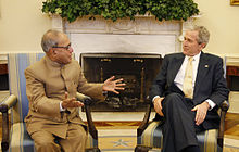 Foreign Minister of India Pranab Mukherjee with US President George W. Bush in 2008.