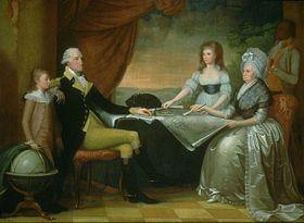 The Washington Family by Edward Savage, painted between 1789 and 1796, shows (from left to right): George Washington Parke Custis, George Washington, Eleanor Parke Custis, Martha Washington, and an enslaved servant: probably William Lee or Christopher Sheels.