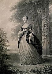 A mezzotint of Martha Washington, based on a 1757 portrait by Wollaston