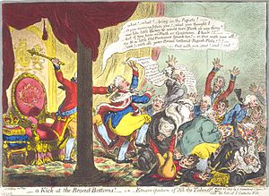 In "A Kick at the Broad-Bottoms!" (1807), James Gillray caricatured George's dismissal of the Ministry of All the Talents.
