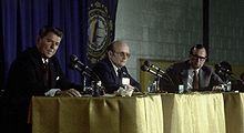 Bush (far right) in the Nashua debate with Reagan (far left) and the moderator