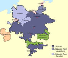 Sketch map of Hanover, c.1720, showing the relative locations of Hanover, Brunswick-Wolfenbüttel, and the Prince-Bishopric of Osnabrück. During George's lifetime Hanover acquired Lauenburg and Bremen-Verden.