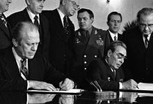Ford meets with Soviet leader Leonid Brezhnev during the Vladivostok Summit, November 1974, to sign a joint communiqué on the SALT treaty