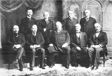 Cleveland's last cabinet. Front row, left to right: Daniel S. Lamont, Richard Olney, Cleveland, John G. Carlisle, Judson Harmon Back row, left to right: David R. Francis, William L. Wilson, Hilary A. Herbert, Julius S. Morton