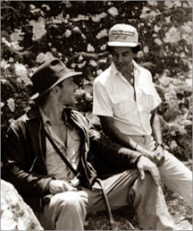 Harrison Ford with Chandran Rutnam on the set of Indiana Jones and the Temple of Doom which was shot in Kandy, Sri Lanka in 1983.