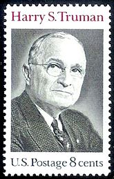 Stamp issued in 1973, following Truman's death—Truman has been honored on five U.S. postage stamps, issued from 1973 to 1999.[197]