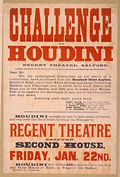 Poster promoting Houdini taking up the challenge of escaping an "extra strong and large traveling basket"