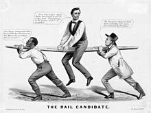 "The Rail Candidate"—Lincoln's 1860 candidacy is depicted as held up by the slavery issue—a slave on the left and party organization on the right.