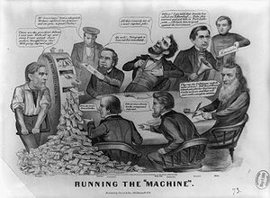 "Running the 'Machine' ": An 1864 political cartoon takes a swing at Lincoln's administration—featuring William Fessenden, Edwin Stanton, William Seward, Gideon Welles, Lincoln and others.