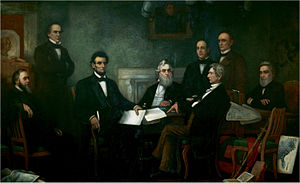Lincoln presents the first draft of the Emancipation Proclamation to his cabinet. Painted by Francis Bicknell Carpenter in 1864