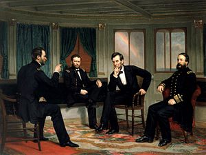 President Lincoln (center right) with, from left, Generals Sherman and Grant and Admiral Porter – 1868 painting of events aboard the River Queen in March 1865