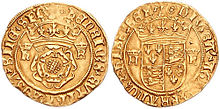 Gold crown of Henry VIII, minted c. 1544–1547. The reverse depicts the quartered arms of England and France.