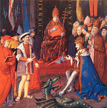 Henry with Charles V (right) and Pope Leo X (centre), c. 1520