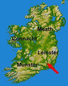 Kingdoms of Ireland in 1171, and arrow showing Henry's invasion
