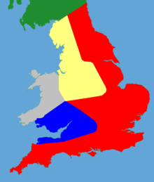 A political map of England and Wales in 1153; blue indicates those areas broadly under Henry's control; red – Stephen; grey – indigenous Welsh; cream – Ranulf of Chester and Robert of Leicester; green – David I of Scotland