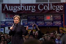 Clinton campaigning at Augsburg College in Minneapolis, Minnesota, two days before Super Tuesday 2008.