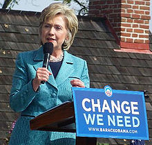 Clinton speaking at a Pennsylvania rally in support of her former rival, Barack Obama; October 2008.