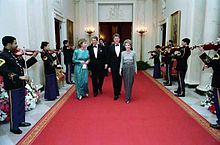 Governor Bill Clinton and Hillary Clinton attend the 1987 Dinner Honoring the Nation's Governors with President Ronald Reagan and First Lady Nancy Reagan.