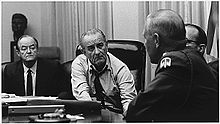 Vice President Hubert Humphrey, President Lyndon Johnson, and General Creighton Abrams in a Cabinet Room meeting in March 1968