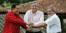 Chávez with fellow South American presidents of Argentina and Brazil.