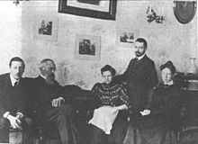 Stravinsky and Rimsky-Korsakov (seated together on the left) in 1908