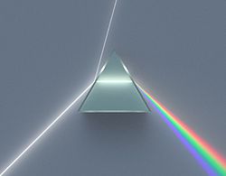 Illustration of a dispersive prism decomposing white light into the colours of the spectrum, as discovered by Newton