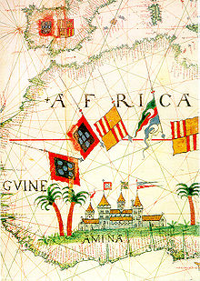 A 16th-century map of the western Africa showing the Elmina Coast (along the Gulf of Guinea), disputed by Castilians and Portuguese during what became the first colonial war among European powers (1475–79)[47]