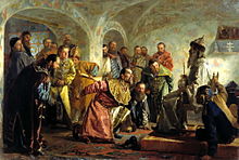 The Oprichniki by Nikolai Nevrev. The painting shows the last minutes of boyarin Feodorov, arrested for treason. To mock his alleged ambitions on the Tsar's title, the nobleman was given Tsar's regals before execution.