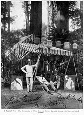 London (right) at the Bohemian Grove with his friends Porter Garnett and George Sterling; a painting parodies his story The White Silence