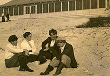 George Sterling, Mary Austin, Jack London, and Jimmie Hooper on the beach at Carmel, California