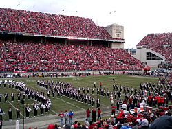 Nicklaus "dotting the i" at the Ohio State Buckeyes football game against Minnesota Golden Gophers at Ohio Stadium on 2006-10-28. Nicklaus can be seen in red.