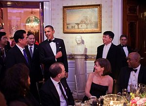 19 January 2011 Jackie Chan joins U.S. President Barack Obama for the welcome of President of the People's Republic of China Hu Jintao to the White House state dinner.