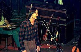 Browne in a 1976 concert in Hamburg, Germany at the microphone with David Lindley, seen partially upstage left playing lap steel guitar in shadow
