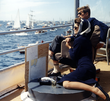 Jack and Jackie watching America's Cup race on board the USS Joseph P. Kennedy Jr., September 1962