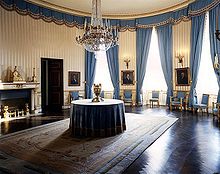 The Blue Room of the White House as redecorated by Stéphane Boudin in 1962. Boudin chose the period of the Madison administration, returning much of the original French Empire style furniture