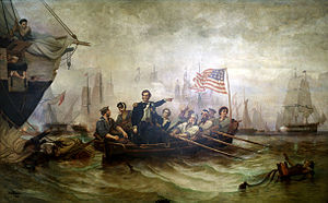 Commodore Oliver Hazard Perry defeats British Navy at the Battle of Lake Erie in 1813. Powell 1873