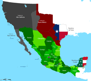Map of Mexico in 1845, with the Republic of Texas, the Republic of Yucatan and the disputed territory between Mexico and Texas in red. Mexico claimed to own all of Texas.