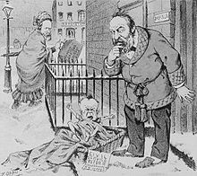 An 1881 Puck cartoon shows Garfield finding a baby at his front door with a tag marked "Civil Service Reform, compliments of R.B. Hayes". Hayes, his predecessor in the presidency, is seen in the background dressed like a woman and holding a bag marked "R.B. Hayes' Savings, Fremont, Ohio".