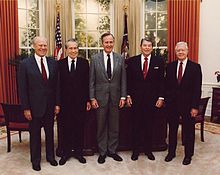 Former President Jimmy Carter (far right) in 1991 with President George H. W. Bush and former Presidents Gerald Ford, Richard Nixon and Ronald Reagan at the dedication of the Reagan Presidential Library