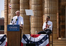 Joe Biden speaking at the August 23, 2008 vice presidential announcement in Springfield, Illinois, while presidential nominee Barack Obama listens