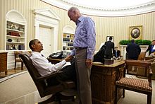 Biden shook hands with President Obama immediately after a call to House Speaker John Boehner concluded the debt ceiling deal that led to the Budget Control Act of 2011. Biden played a key role in forging the deal.[235]
