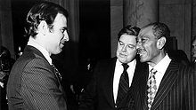 Senator Biden, Senator Frank Church and President of Egypt Anwar El Sadat after signing Egyptian–Israeli Peace Treaty, 1979