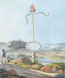 A Goethe watercolor depicting a Liberty pole at the border to the short-lived Republic of Mainz, created under influence of the French Revolution and destroyed in the Siege of Mainz in which Goethe participated