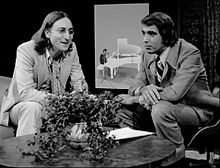 Publicity photo of John Lennon and host Tom Snyder from the television program Tomorrow. Aired in 1975, this was the last television interview Lennon gave before his death in 1980.
