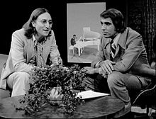 Publicity photo of John Lennon and host Tom Snyder from the television program Tomorrow. Aired in 1975, this was the last television interview Lennon gave before his death in 1980.