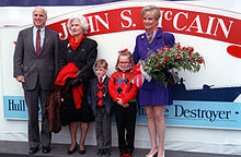 The 1992 christening of USS John S. McCain at Bath Iron Works, with his mother Roberta, son Jack, daughter Meghan, and wife Cindy