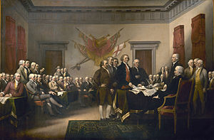 Trumbull's Declaration of Independence depicts committee presenting draft Declaration of Independence to Congress. Adams at center has hand on hip.