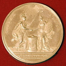 A medallion produced in Amsterdam for John Adams in 1782 by Johann Georg Holtzhey to celebrate recognition of the United States as an independent nation by The Netherlands, from the coin collection of the Teylers Museum