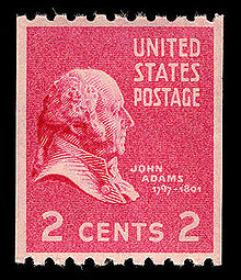 John Adams, as depicted in 1938 on a two-cent American president U.S. Postage stamp