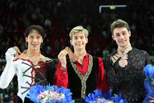 The men's podium at the 2008 World Championships From left: Johnny Weir (3rd), Jeffrey Buttle (1st), Brian Joubert (2nd)